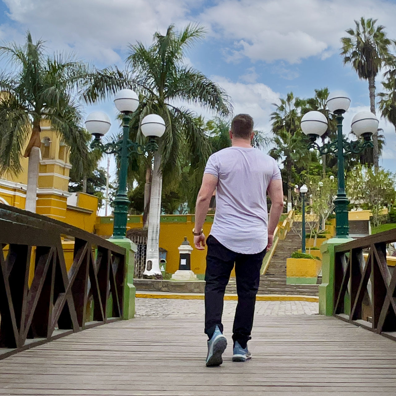 Luc Houle walking on the Bridge of Sighs in Lima Peru